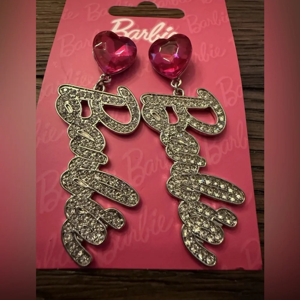 Barbie x Claire’s Pink Heart Rhinestone Logo Drop Earrings NWT
